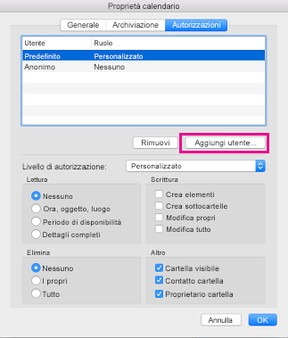 Pulsante Aggiungi utente nella scheda Autorizzazioni calendario