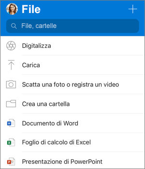 Screenshot del menu Aggiungi nell'app OneDrive per iOS