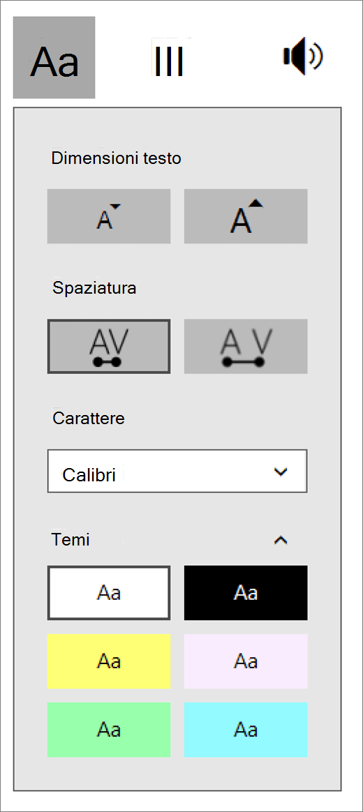 Menu Opzioni testo in Strumento di lettura immersiva