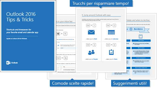 Copertina dell'eBook Suggerimenti e consigli su Outlook 2016, con pagine che mostrano alcuni suggerimenti