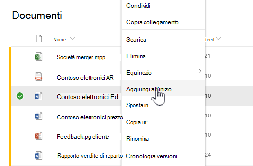 Aggiungi all'inizio del menu File