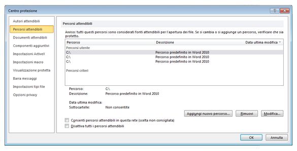 Area Percorsi attendibili di Centro protezione