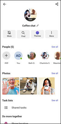 Nuova attività dettagli chat Android in Teams