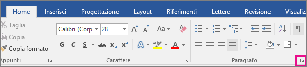 The arrow to open the Paragraph dialog box is highlighted on the Home tab.