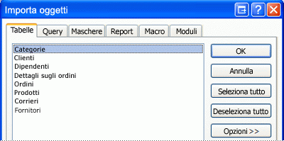 Finestra di dialogo Importa oggetti