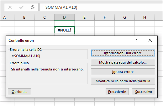 Spostare la casella Controllo errori sotto la barra della formula