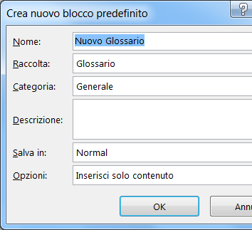 Finestra di dialogo Crea nuovo blocco predefinito