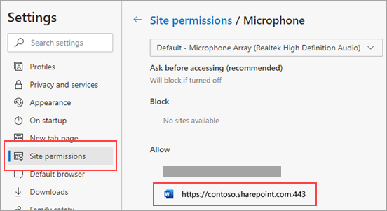 Pagina delle impostazioni delle autorizzazioni del microfono per Microsoft Edge