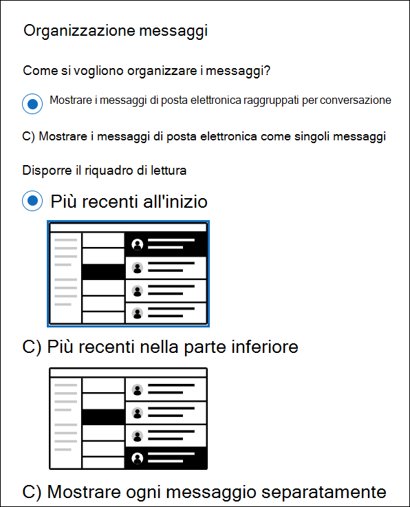 Screenshot della sezione Impostazioni > Layout> posta che mostra la sezione Organizzazione messaggi