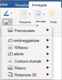 Opzioni del menu Effetti immagine