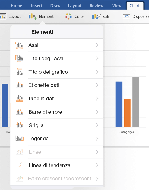 Fare clic su Elementi nella scheda Grafico sulla barra multifunzione per personalizzare gli elementi del grafico nel documento