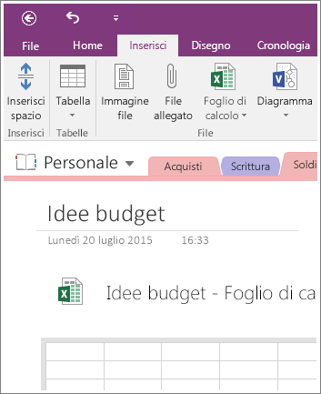 Screenshot di un nuovo foglio di calcolo in OneNote 2016.