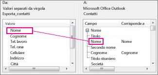 mappare una colonna da excel a un campo dei contatti di outlook