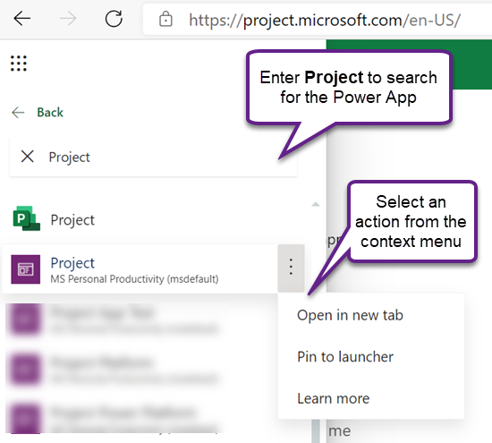 Project Power App nei risultati di ricerca nell’icona di avvio delle app