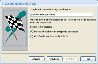 Ultima pagina della Creazione guidata Etichetta