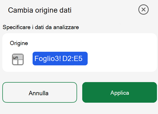 Modificare l'origine dati di una tabella pivot in un iPad