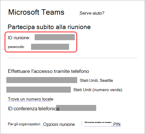 Screenshot che mostra dove trovare l'ID della riunione e il passcode nell'invito alla riunione.
