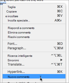 Scegliere Nuovo commento nel menu di scelta rapida