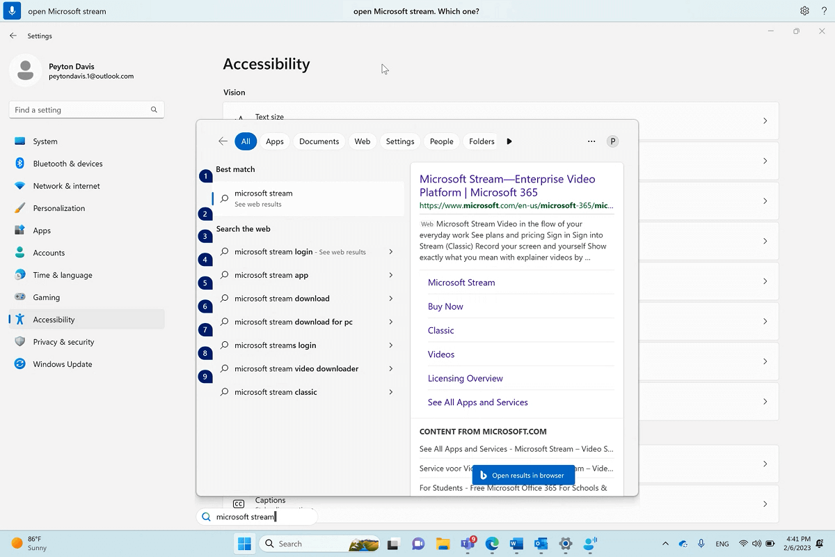 Finestra di dialogo per l'apertura di Microsoft Stream con l'accesso vocale di Windows.