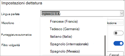 Lingue in cui è possibile dettare