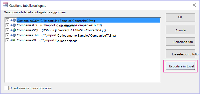 Finestra di dialogo Gestione tabelle collegate in Access con il pulsante Esporta in Excel selezionato.