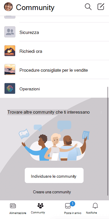 Screenshot che mostra l'individuazione delle community di Yammer nell'app per dispositivi mobili