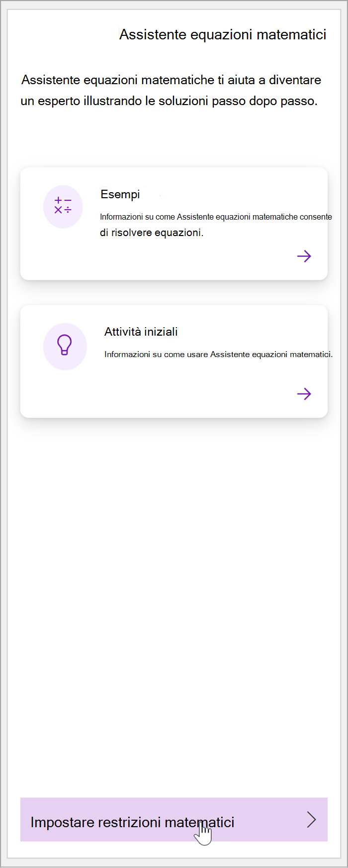 screenshot del riquadro matematica in OneNote. Un cursore passa sul pulsante "Imposta restrizioni matematiche"