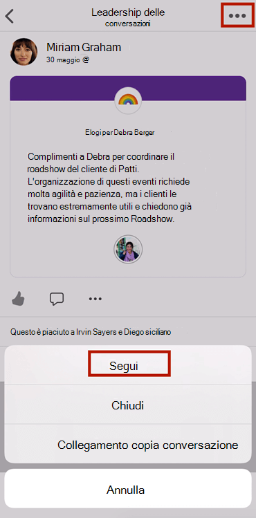 Screenshot che mostra come seguire una conversazione in un nuovo Yammer nell'app per dispositivi mobili