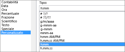 Finestra di dialogo Formato celle, comando Personalizzato, tipo h:mm