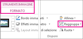 Pulsante Raggruppa nella scheda Strumenti immagine - Formato