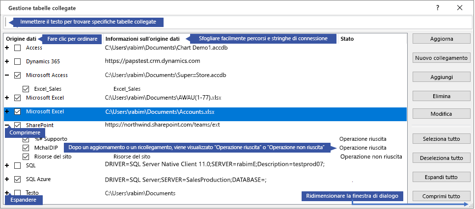 Finestra di dialogo Gestione tabelle collegate