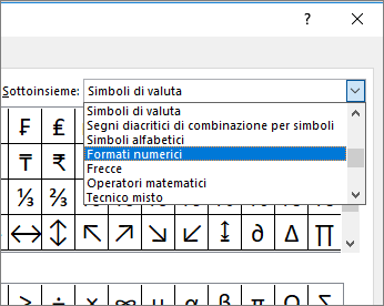 Selezionare Formati numerici nella finestra di dialogo Sottoinsieme per visualizzare frazioni e altri simboli matematici