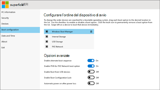 Schermata Configura l'ordine di avvio dei dispositivi nella UEFI di Surface