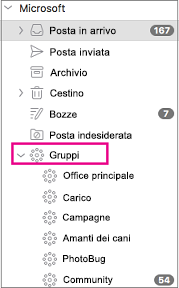 Gruppi elencati nel riquadro delle cartelle di Outlook 2016 per Mac