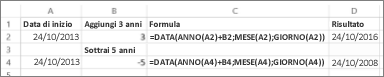 Esempi di aggiunta e sottrazione di date