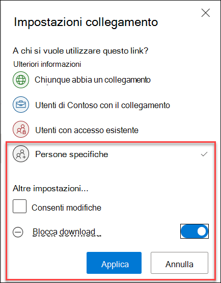 Opzione Blocca download di OneDrive in Impostazioni collegamento