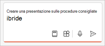 Screenshot della casella di composizione in Copilot in PowerPoint con il prompt Crea una presentazione sulle best practice ibride