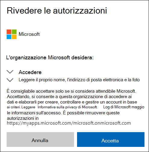 Finestra Autorizzazione condivisione esterna di OneDrive.