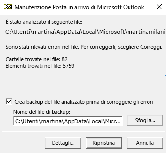 Visualizza i risultati dell'analisi del file di dati PST di Outlook usando lo strumento Manutenzione Posta in arrivo, SCANPST.EXE