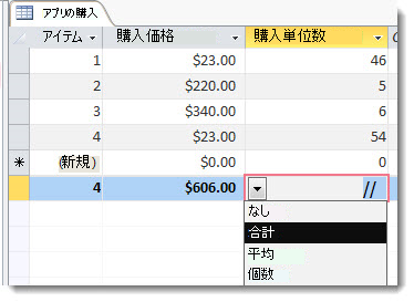 Sum 関数と Count 関数を使用した [集計] 行