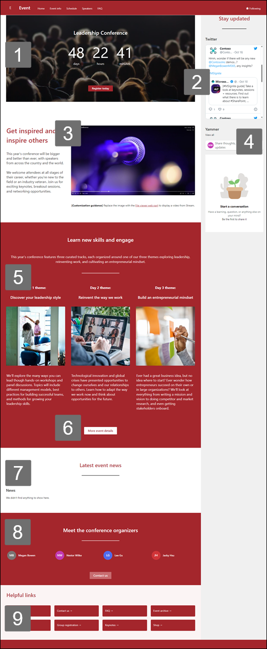 使用可能な Web パーツを強調表示しているイベント サイト テンプレートのプレビュー。