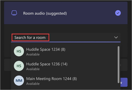 Teams 会議の事前参加画面の [会議室のオーディオ] オプションの検索バーのスクリーンショット。