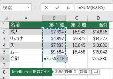 セル B6 はオート SUM の合計の数式を示す: =SUM(B2:B5)