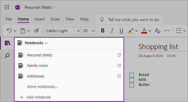 OneNote ノートブックドロップダウン リストのスクリーンショット