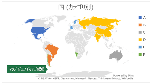 カテゴリ別の国のカテゴリを表示する Excel マップ グラフ