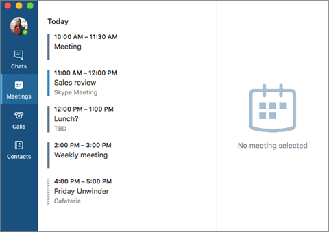 Skype for Business for Mac のメイン ウィンドウ