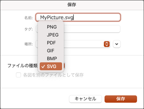 SVG オプションが選択された状態で、PowerPoint 2021 for Mac で名前を付けて保存する