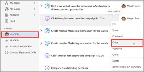 [ピン留めされた] ドロップダウンの [マイ OKR] タブのスクリーンショット。その周囲に赤いボックスがあり、右側の [閉じる] の周りに赤いボックスが表示されています。