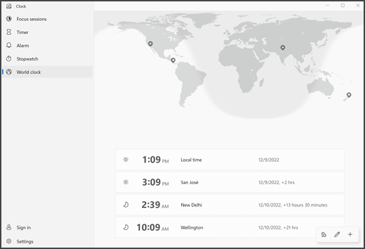 既存の場所を持つ Clock アプリを表示します。 メニューは左側にあり、上部の中央の地図には場所が表示され、下のリストには都市名とそれらの場所の時刻が示されています。