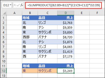 SUMPRODUCT を使用して、リージョン別の項目の合計を返す方法について説明します。 この場合、東部地域で販売されたチェリーの数。